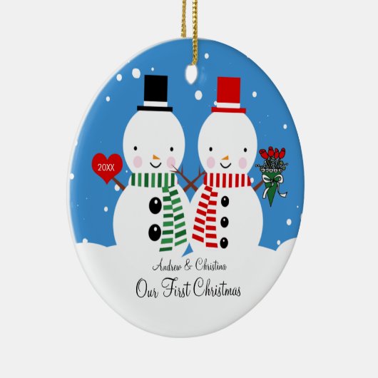 Schneemann-Paare unsere erste Weihnachtsverzierung Keramikornament (Rechts)