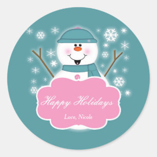 Schneemann Pink & Teal Weihnachtsfeiertag Aufklebe Runder Aufkleber