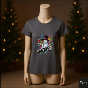 Schneemann Prostet Wein Farbspritzer Kunst T-Shirt