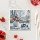 Schneemann Pushing a Old Push Lawnmäher Serviette (Beispiel)