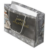 Schneemann, Schneeflocken Urlaub Große Geschenktüte (Vorderseite Schrägansicht)