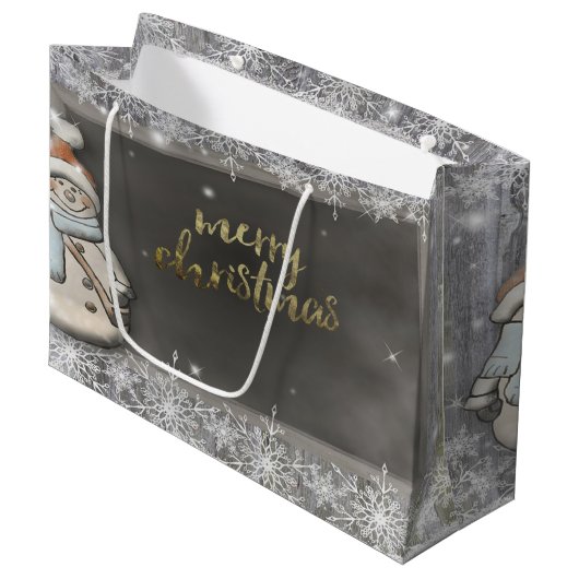 Schneemann, Schneeflocken Urlaub Große Geschenktüte (Vorderseite Schrägansicht)