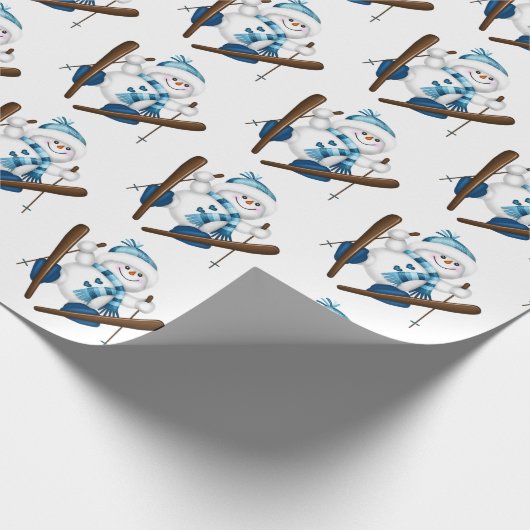 Schneemann Skifahren in Weiß Geschenkpapier (Ecke)