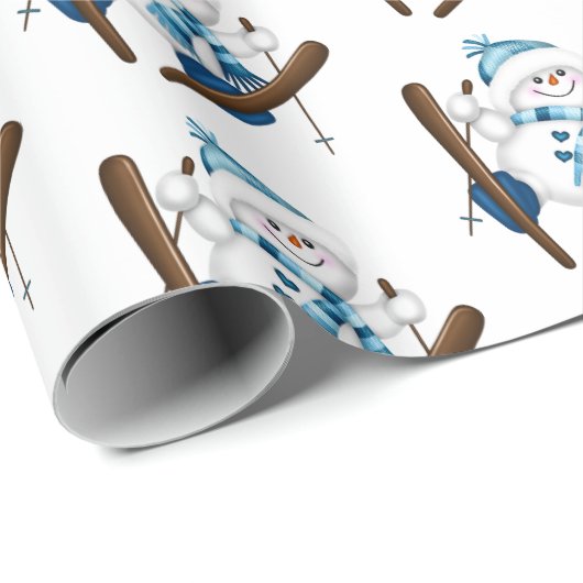 Schneemann Skifahren in Weiß Geschenkpapier (Rolleneckpunkt)
