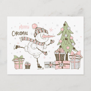 Schneemann Skifahren mit Weihnachtsbaum und Gesche Postkarte