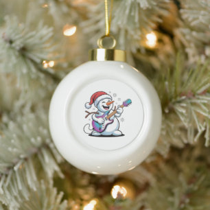 Schneemann spielt E-Gitarre Rock-Weihnachten  Keramik Kugel-Ornament