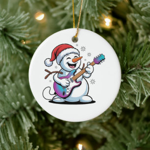 Schneemann spielt E-Gitarre Rock-Weihnachten  Keramik Ornament