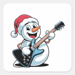 Schneemann spielt elektrische Gitarre Santa Weihna Quadratischer Aufkleber