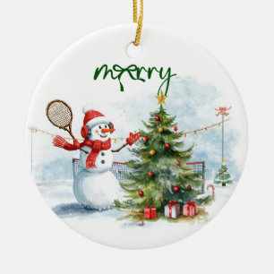 Schneemann spielt Tennis Weihnachten Wasserfarbe Keramik Ornament