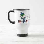 Schneemann stemmt Gewichte mit Spruch Reisebecher (Links)