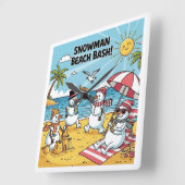 Schneemann-Strand-Bash Quadratische Wanduhr (Winkel)