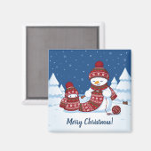 Schneemann strickt Weihnachts-Schal Magnet (Vorderseite/Rückseite)