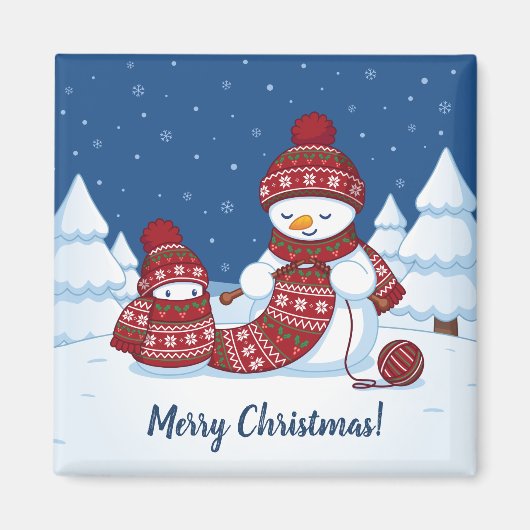 Schneemann strickt Weihnachts-Schal Magnet (Vorne)