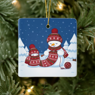 Schneemann strickt Weihnachtsschal Keramikornament
