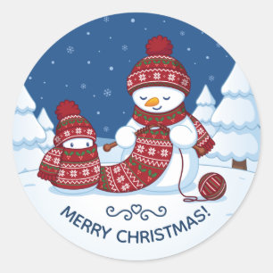 Schneemann strickt Weihnachtsschal Runder Aufkleber