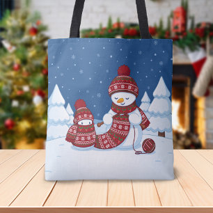 Schneemann strickt Weihnachtsschal Tasche