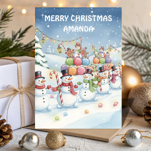 Schneemann Süßigkeitenparade Kinder Weihnachtskart Feiertagskarte