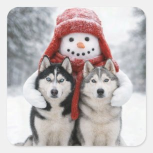 Schneemann umarmt sibirische Huskys Quadratischer Aufkleber