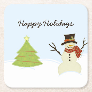 Schneemann und Baum Rechteckiger Pappuntersetzer