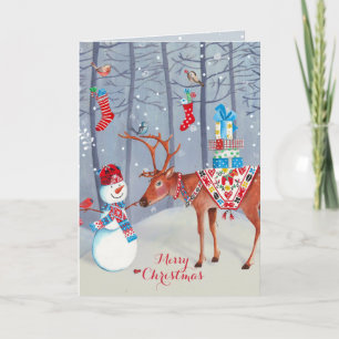 Schneemann und der Elch    Weihnachtsgrußkarte Feiertagskarte