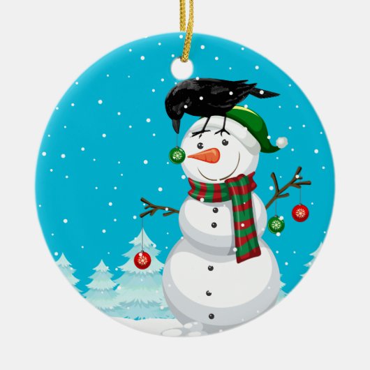 Schneemann und die Raven Christmas Keramik Ornament (Vorne)