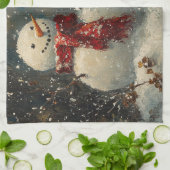 Schneemann und ein Kardinal Ölgemälde Geschirrtuch (Gefaltet)