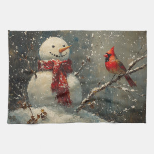 Schneemann und ein Kardinal Ölgemälde Geschirrtuch