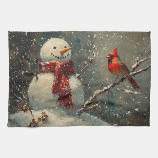 Schneemann und ein Kardinal Ölgemälde Geschirrtuch