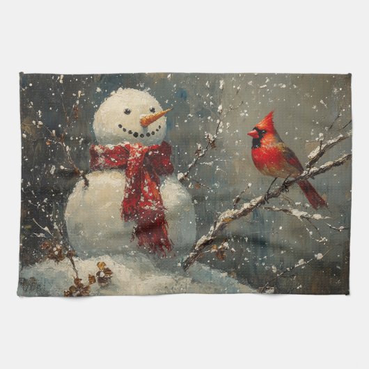 Schneemann und ein Kardinal Ölgemälde Geschirrtuch (Horizontal)