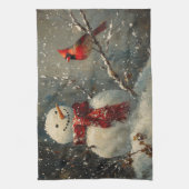 Schneemann und ein Kardinal Ölgemälde Geschirrtuch (Vertikal)