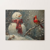 Schneemann und ein Kardinal Ölgemälde Puzzle (Horizontal)
