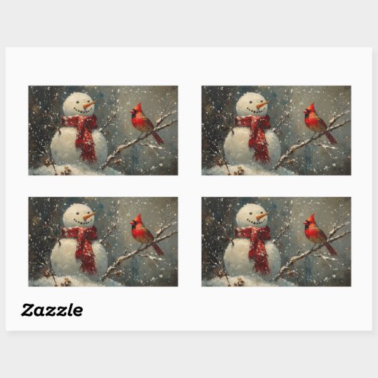Schneemann und ein Kardinal Ölgemälde Rechteckiger Aufkleber (Blatt)