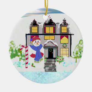 Schneemann und gemütliches Haus Keramik-Ornament Keramik Ornament