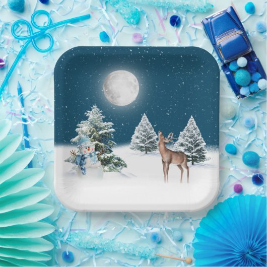 Schneemann und Hirsch im Schneeflocken Pappteller (Party)