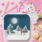 Schneemann und Hirsch im Schneeflocken Pappteller (Party)