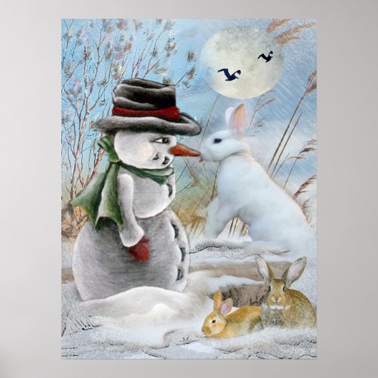 Schneemann und Kaninchen fressen Karotte Poster (Vorne)