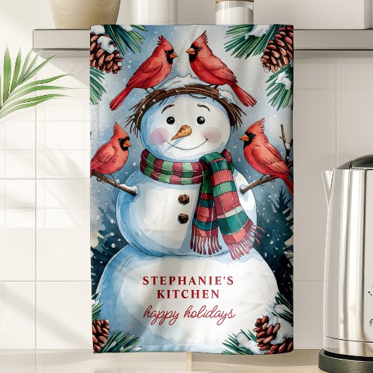 Schneemann und Kardinal Personalisiert Weihnachten Geschirrtuch