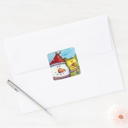 Schneemann und Katze Quadratischer Aufkleber (Umschlag)