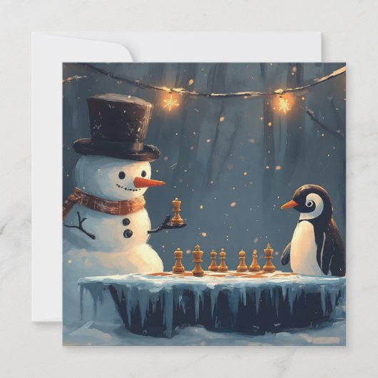 Schneemann und Pinguin spielen Schach Feiertagskarte (Vorderseite)