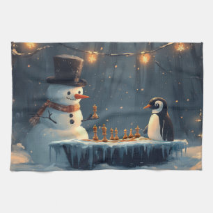 Schneemann und Pinguin spielen Schach Geschirrtuch