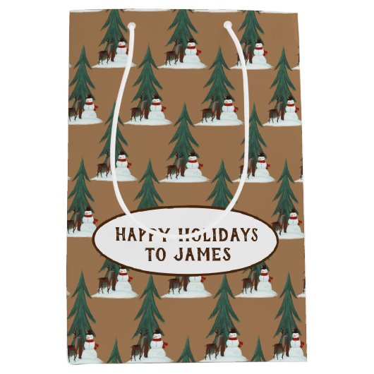 Schneemann und Reh im Schnee Mittlere Geschenktüte (Vorderseite)