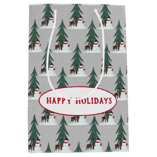 Schneemann und Reh in Schneeflocken auf grau Mittlere Geschenktüte (Vorderseite)