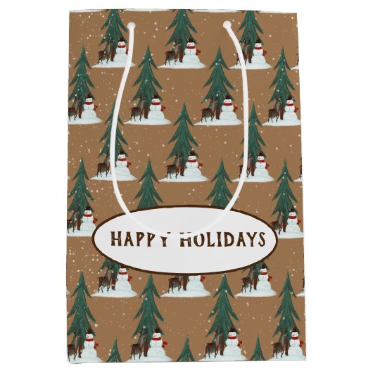 Schneemann und Reh in Schneeflocken Mittlere Geschenktüte (Vorderseite)