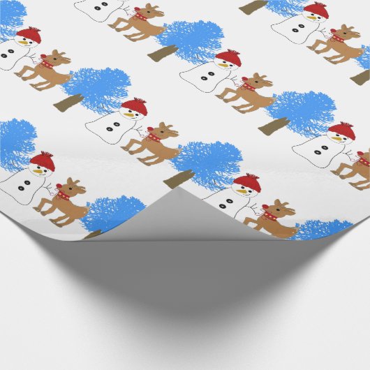 Schneemann und Rentier im Wald Geschenkpapier (Ecke)