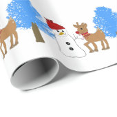 Schneemann und Rentier im Wald Geschenkpapier (Rolleneckpunkt)