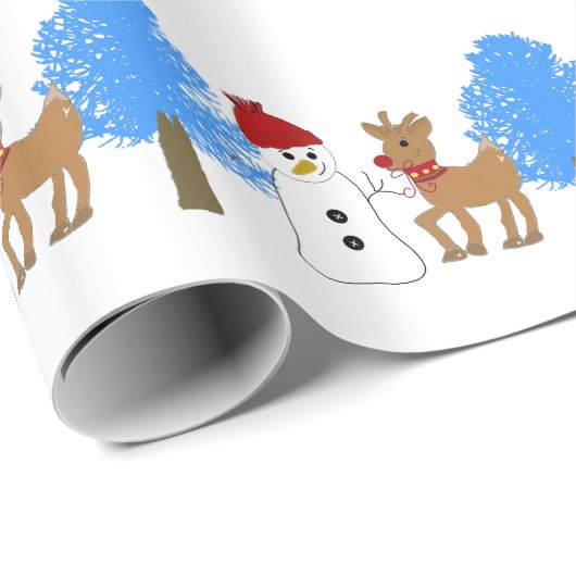Schneemann und Rentier im Wald Geschenkpapier (Rolleneckpunkt)