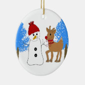 Schneemann und Rentier im Wald Keramik Ornament (Rechts)