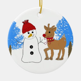 Schneemann und Rentier im Wald Keramik Ornament