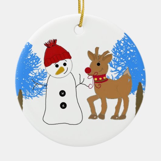 Schneemann und Rentier im Wald Keramik Ornament (Vorne)