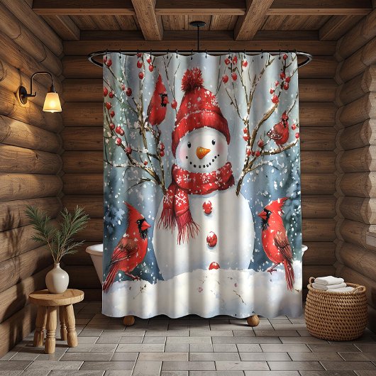 Schneemann und rote Kardinale | Duschvorhang